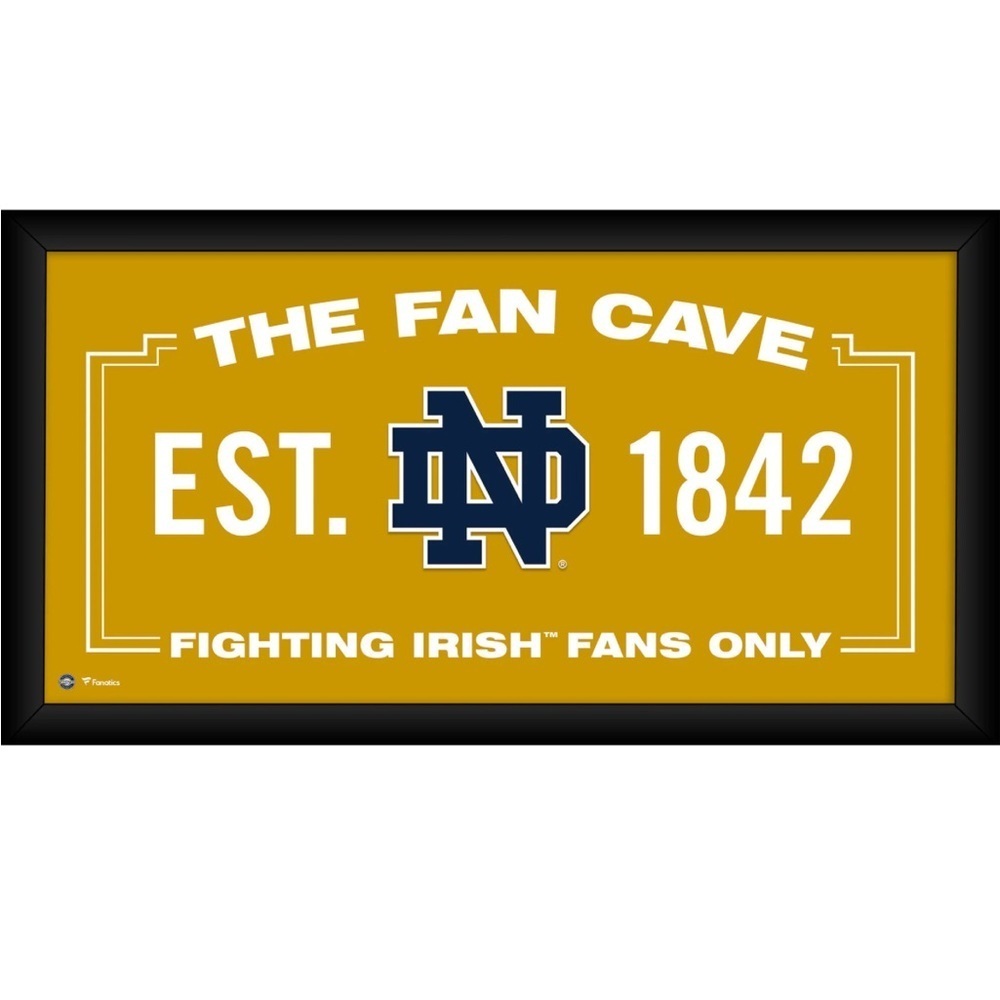 Notre Dame fighting Irish frame 10” x 20” Fan Cave College Fanatics gold black